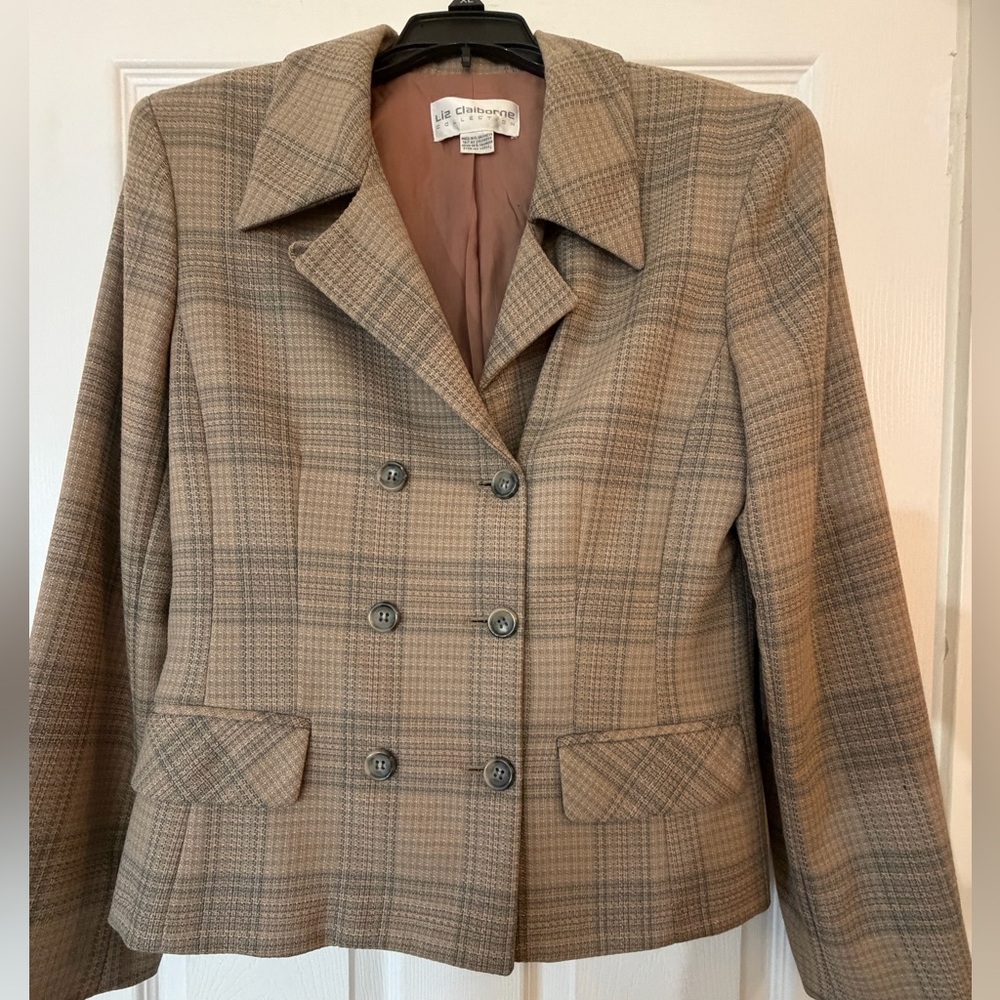 Liz Claiborne Blazer Wool double breasted beige gray plaid size 8 - Picture 16 of 16